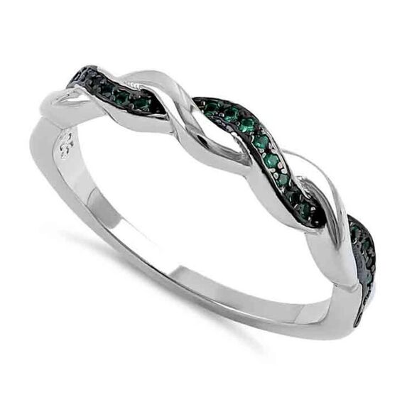Sterling Silver and Black Rhodium Plated Braided Green Emerald Ring - Picture 1 of 4